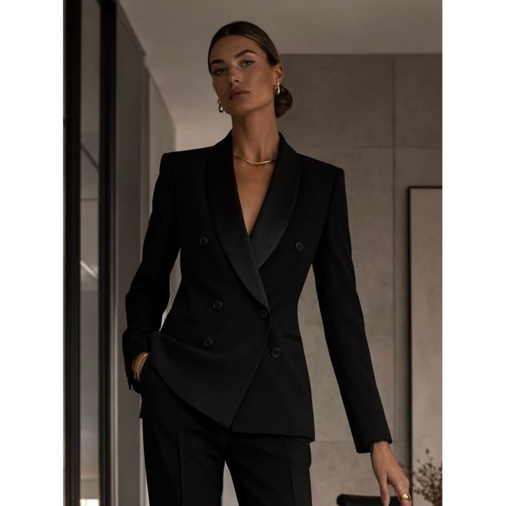 ICB Tuxedo Blazer Womens 6 Black NWT Wool Double Breasted Satin Lapel Longline